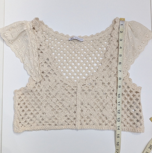 Zara Woman Ivory Cream Crochet Crop Top Bralette Cap Flutter Sleeve Summer M - Picture 5 of 9